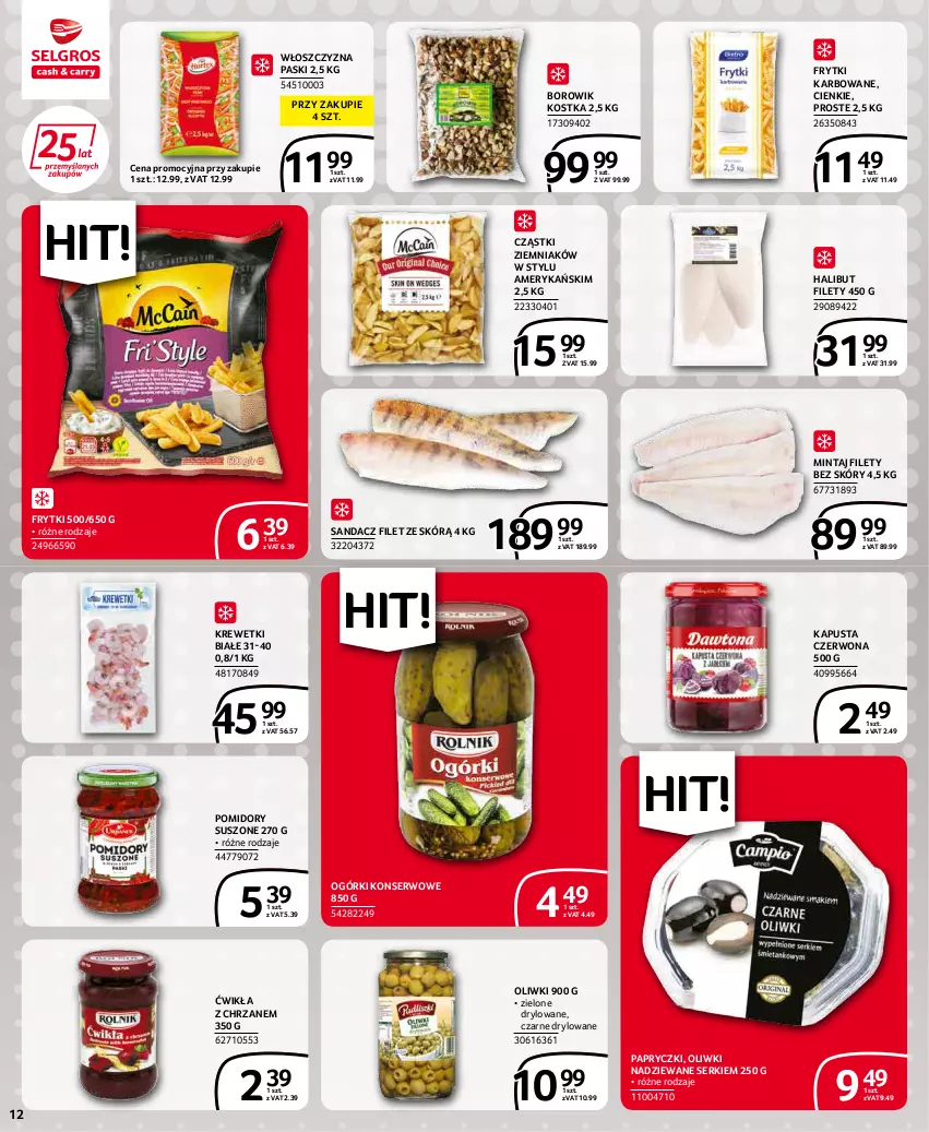 Gazetka promocyjna Selgros - Extra Oferta - ważna 01.03 do 31.03.2022 - strona 12 - produkty: Chrzan, Frytki, Halibut, Krewetki, Mintaj, Ogórki konserwowe, Oliwki, Pomidory, Sandacz, Sandacz filet, Ser