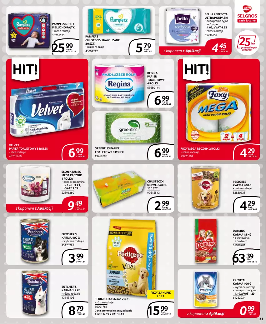 Gazetka promocyjna Selgros - Extra Oferta - ważna 01.03 do 31.03.2022 - strona 31 - produkty: Bell, Bella, Chusteczki, Foxy, Gin, Majtki, Pampers, Papier, Papier toaletowy, Pedigree, Perfecta, Pieluchomajtki, Podpaski, Ręcznik, Rolki, Velvet