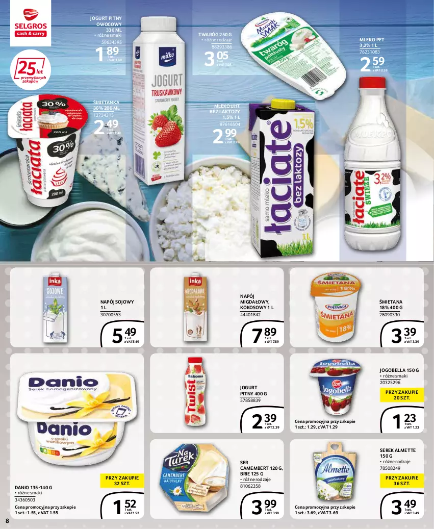 Gazetka promocyjna Selgros - Extra Oferta - ważna 01.03 do 31.03.2022 - strona 8 - produkty: Almette, Bell, Bella, Brie, Camembert, Danio, Jogobella, Jogurt, Jogurt pitny, Kokos, Mleko, Napój, Ser, Serek, Twaróg