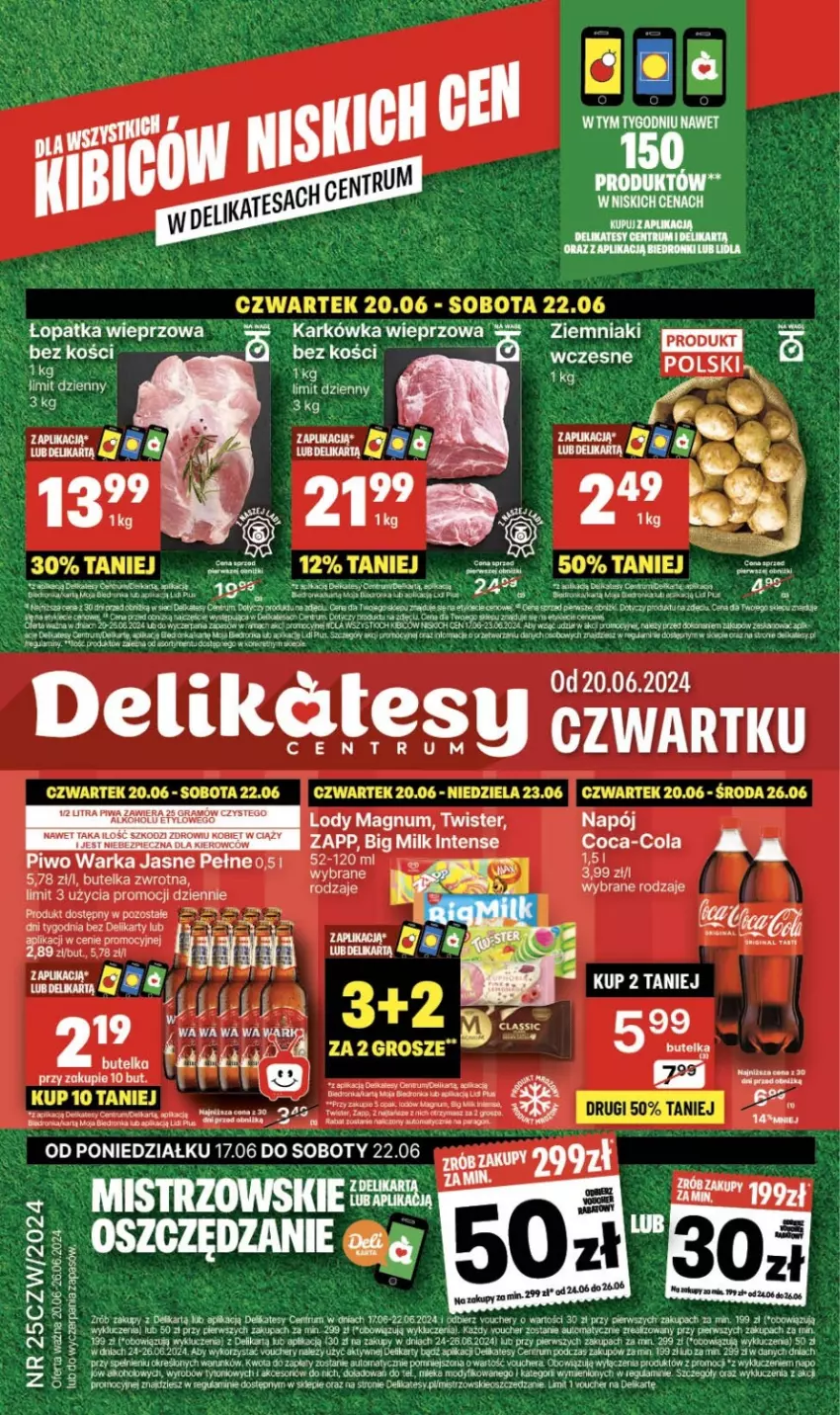 Gazetka promocyjna Delikatesy Centrum - NOWA GAZETKA Delikatesy Centrum od 20 czerwca! 20-26.06.2024 - ważna 20.06 do 26.06.2024 - strona 1 - produkty: BIC, Coca-Cola, Dron, Gra, Karkówka wieprzowa, KOBO, Napój, Piwa, Piwo, Rum, Ser, Waga, Warka, Ziemniaki