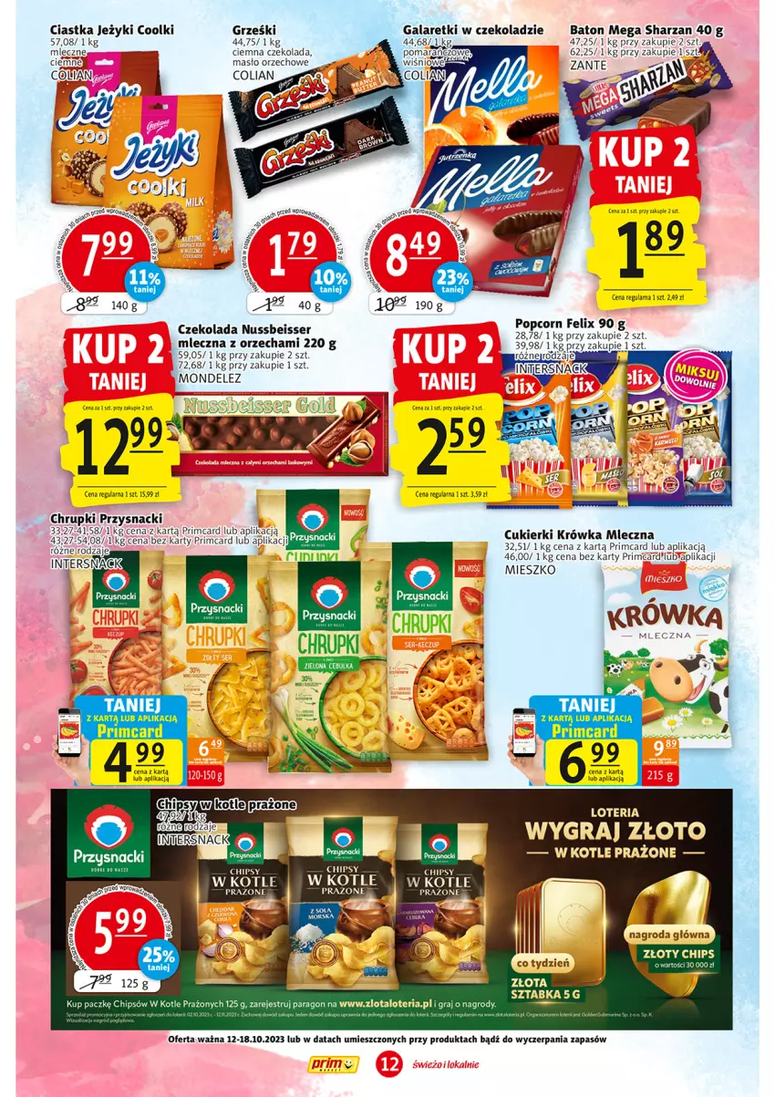 Gazetka promocyjna Prim Market - ważna 12.10 do 18.10.2023 - strona 12 - produkty: Baton, Chipsy, Chrupki, Ciastka, Cukier, Cukierki, Czekolada, Felix, Gala, Galaretki, Gra, Grześki, Jeżyki, Masło, Masło orzechowe, Popcorn, Przysnacki, Ser