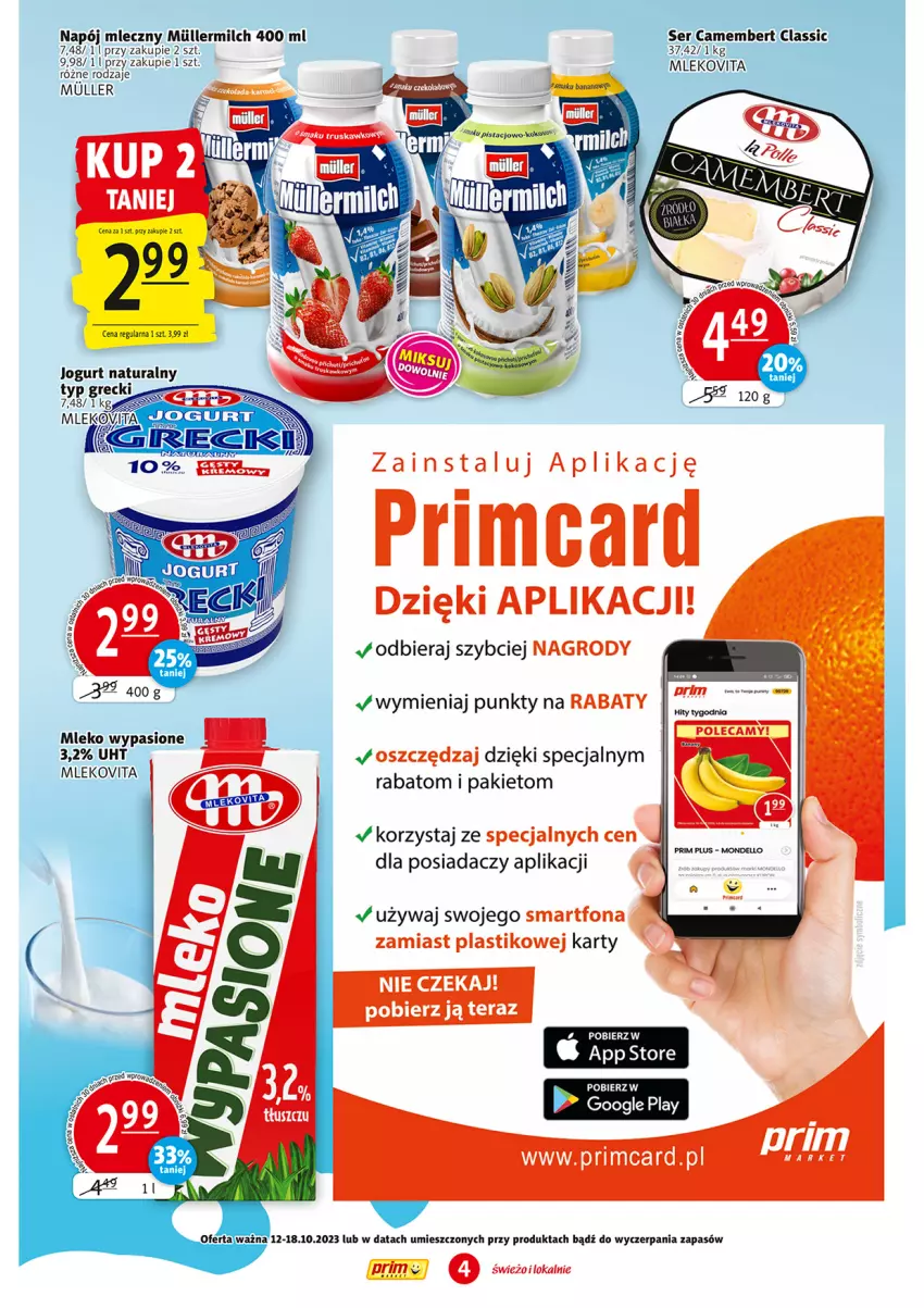 Gazetka promocyjna Prim Market - ważna 12.10 do 18.10.2023 - strona 4 - produkty: Camembert, Dell, Jogurt, Jogurt naturalny, Mleko, Mlekovita, Napój, Napój mleczny, Por, Ser