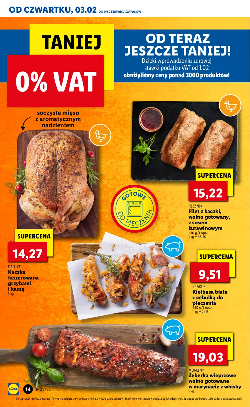 Gazetka promocyjna Lidl - GAZETKA - ważna 03.02 do 05.02.2022 - strona 14 - produkty: Fa, Kaczka, Kaczka faszerowana, Kiełbasa, Krakus, Mięso, Morliny, Piec, Sos, Tera, Whisky, Wino