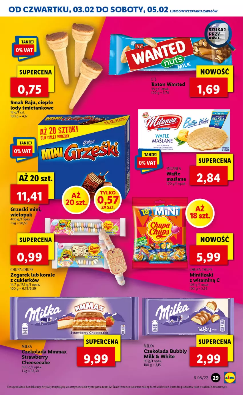 Gazetka promocyjna Lidl - GAZETKA - ważna 03.02 do 05.02.2022 - strona 29 - produkty: Baton, Chupa Chups, Ciepłe lody, Cukier, Czekolada, Grześki, Lizaki, Lody, Milka, Wafle, Zegar, Zegarek