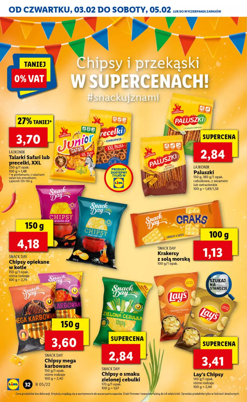 Gazetka promocyjna Lidl - GAZETKA - ważna 03.02 do 05.02.2022 - strona 32 - produkty: Chipsy, Fa, Krakersy, Lajkonik, Por, Precelki, Sezam