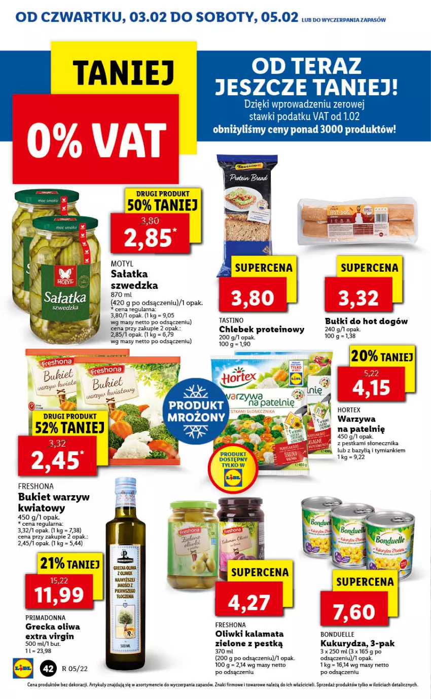 Gazetka promocyjna Lidl - GAZETKA - ważna 03.02 do 05.02.2022 - strona 42 - produkty: Bazyl, Bonduelle, Bukiet, Bukiet warzyw, Bułki do hot dogów, Chleb, Gin, Hot dog, Kukurydza, Oliwki, Prima, Sałat, Sałatka, Tera, Warzywa