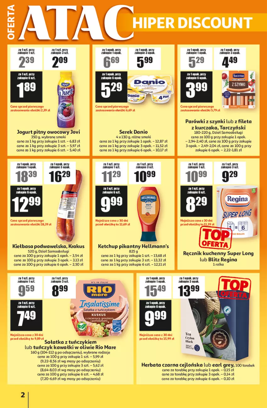 Gazetka promocyjna Auchan - Gazetka ATAC Hiper Discount - ważna 29.04 do 20.05.2026 - strona 2 - produkty: Danio, Earl Grey, Fa, Gala, Gin, Herbata, Herbata czarna, Jogurt, Jogurt pitny, Kawa, Ketchup, Kiełbasa, Kiełbasa podwawelska, Krakus, Kurczak, Parówki, Parówki z szynki, Pax, Ręcznik, Ręcznik kuchenny, Rio Mare, Sałat, Sałatka, Ser, Serek, Tarczyński, Tuńczyk, Wawel