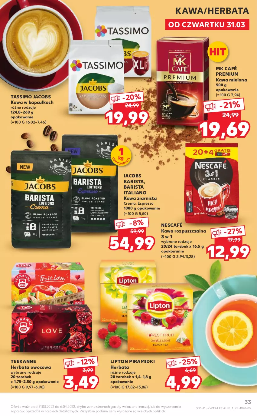 Gazetka promocyjna Kaufland - OFERTA TYGODNIA - ważna 31.03 do 06.04.2022 - strona 33 - produkty: Herbata, Herbata owocowa, Jacobs, Kawa, Kawa mielona, Kawa rozpuszczalna, Kawa ziarnista, Lipton, Nescafé, Tassimo, Teekanne