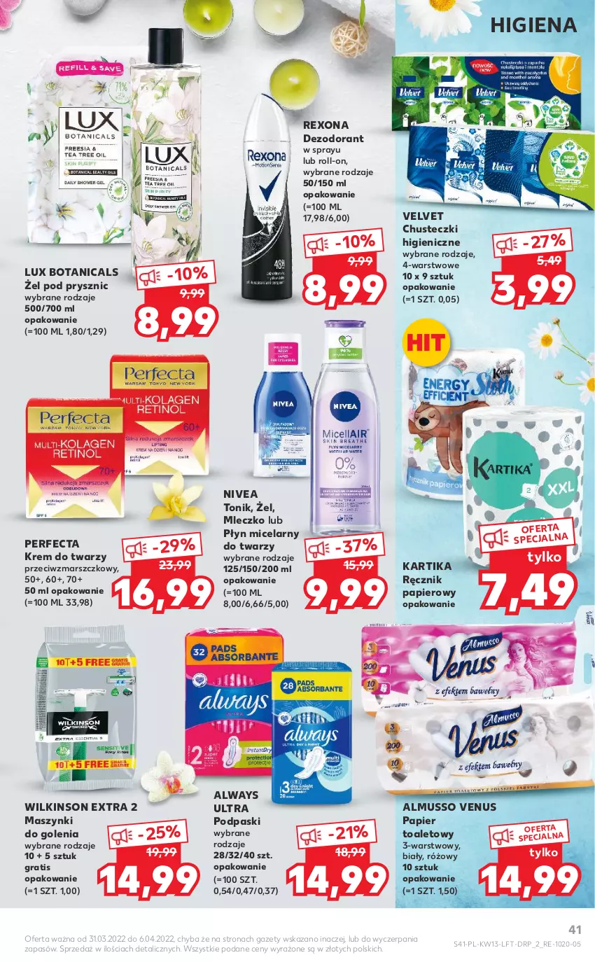 Gazetka promocyjna Kaufland - OFERTA TYGODNIA - ważna 31.03 do 06.04.2022 - strona 41 - produkty: Always, Always Ultra, Chusteczki, Dezodorant, Gra, Krem do twarzy, Mars, Mleczko, Mus, Nivea, Papier, Papier toaletowy, Perfecta, Płyn micelarny, Podpaski, Ręcznik, Rexona, Tonik, Velvet, Venus