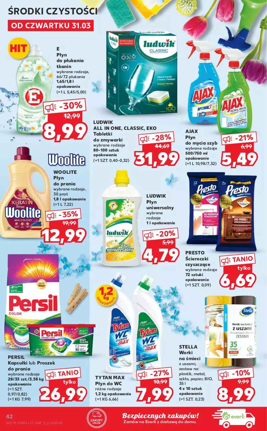 Gazetka promocyjna Kaufland - OFERTA TYGODNIA - ważna 31.03 do 06.04.2022 - strona 42 - produkty: Ajax, Ludwik, Papier, Persil, Piec, Płyn do mycia, Płyn do płukania, Płyn do prania, Płyn do wc, Presto, Proszek do prania, Tablet, Tytan, Woolite, Worki na śmiec, Worki na śmieci, Zmywarki