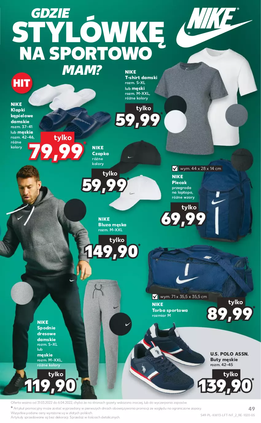 Gazetka promocyjna Kaufland - OFERTA TYGODNIA - ważna 31.03 do 06.04.2022 - strona 49 - produkty: Bluza, Buty, Czapka, Dres, Gra, Klapki, Nike, Plecak, Por, Spodnie, Spodnie dresowe, Sport, T-shirt, Top, Torba