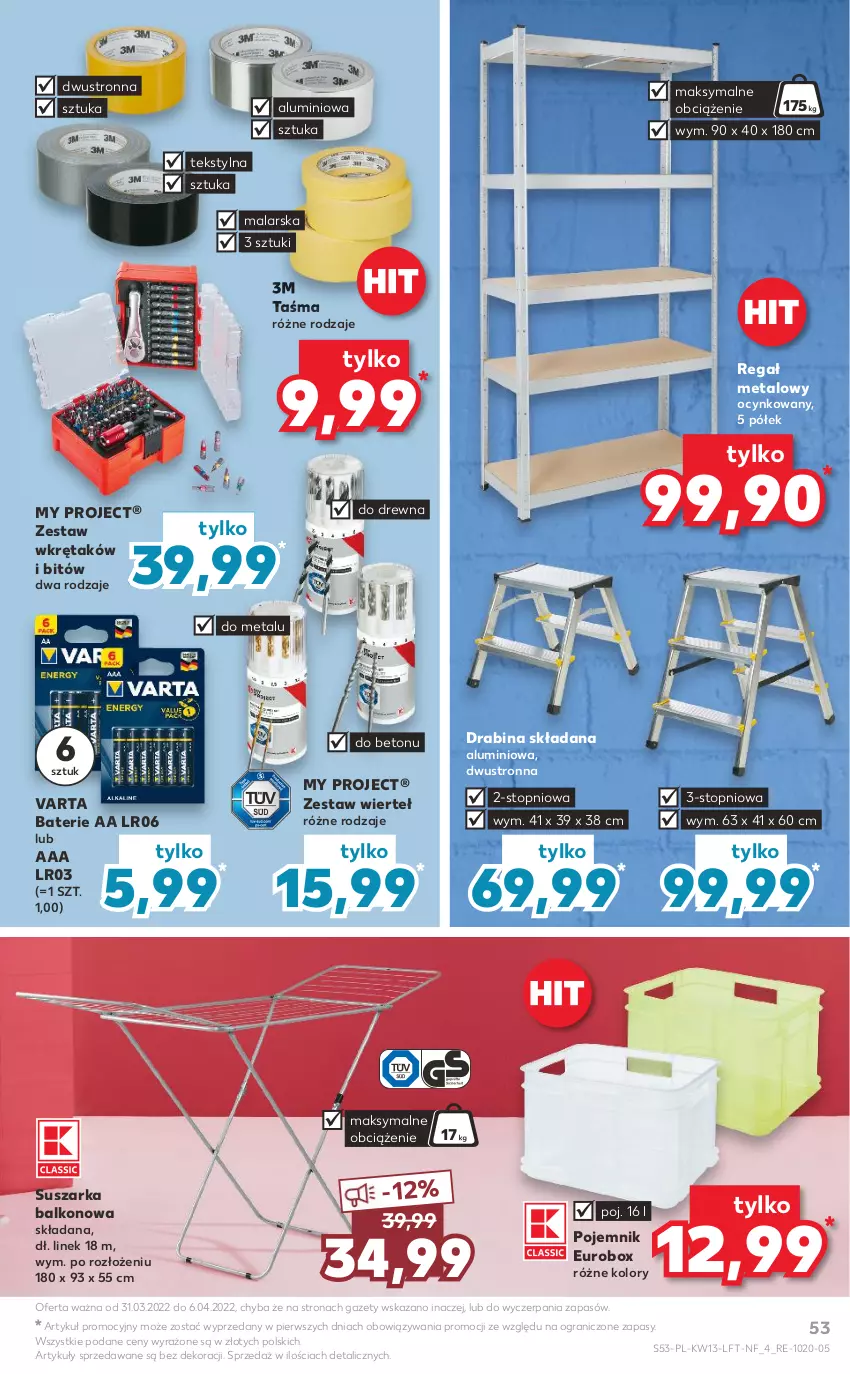 Gazetka promocyjna Kaufland - OFERTA TYGODNIA - ważna 31.03 do 06.04.2022 - strona 53 - produkty: Cynk, Drabina, Gra, Pojemnik, Regał, Regał metalowy, Suszarka, Suszarka balkonowa, Top, Varta, Wkręt, Zestaw wierteł, Zestaw wkrętaków