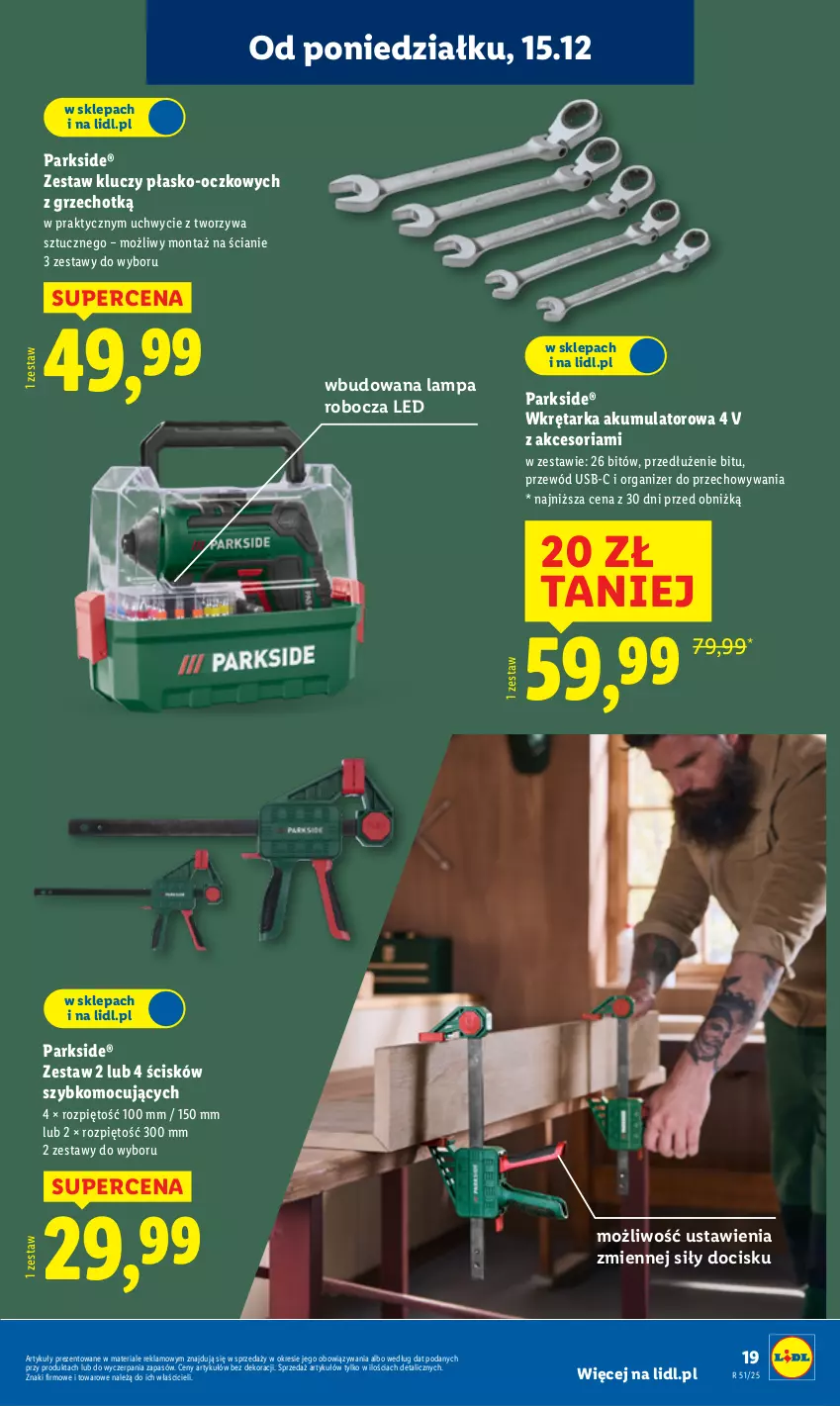 Gazetka promocyjna Lidl - GAZETKA - ważna 15.12 do 21.12.2025 - strona 25 - produkty: Akumulator, Lampa, Lampa robocza LED, Organizer, Parkside, Przewód, Tarka, Wkręt, Wkrętarka, Zestaw kluczy