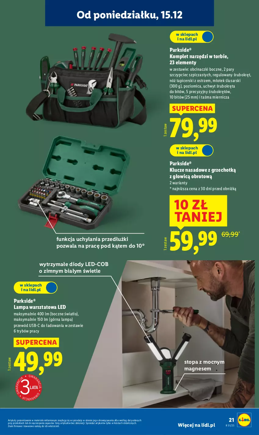 Gazetka promocyjna Lidl - GAZETKA - ważna 15.12 do 21.12.2025 - strona 27 - produkty: Lampa, Młot, Młotek, Parkside, Poziomica, Przewód, Szpic, Taśma miernicza, Top