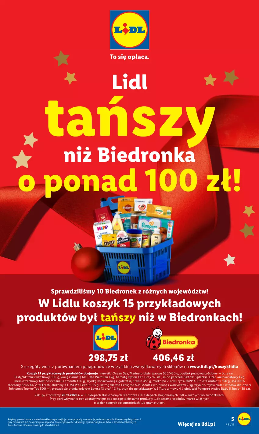 Gazetka promocyjna Lidl - GAZETKA - ważna 15.12 do 21.12.2025 - strona 5 - produkty: Aktiplus, Dron, Dzieci, Earl Grey, Gala, Gra, HiPP, Kosz, Krakus, Krem orzechowy, Krewetki, Lipton, Lovela, Miód, Mleko, Pampers, Pedigree, Płyn do mycia, Płyn do spryskiwaczy, Por, Proszek do prania, Rama, Ser, Sok, Top, Warzywa