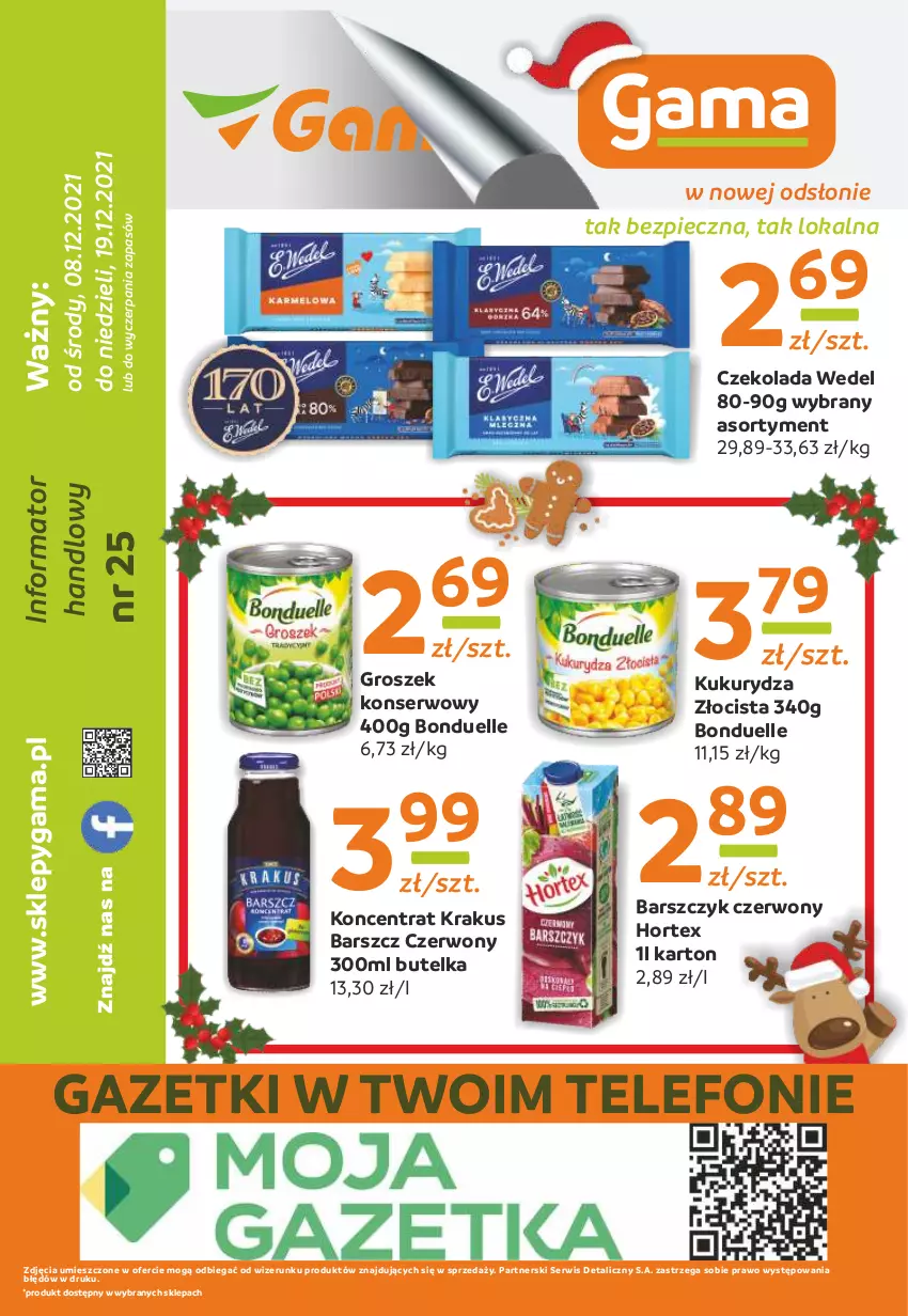 Gazetka promocyjna Gama - Gazetka Gama - ważna 08.12 do 19.12.2021 - strona 12 - produkty: Bonduelle, Czekolada, Groszek, Hortex, Krakus, Kukurydza, Piec, Ser, Telefon