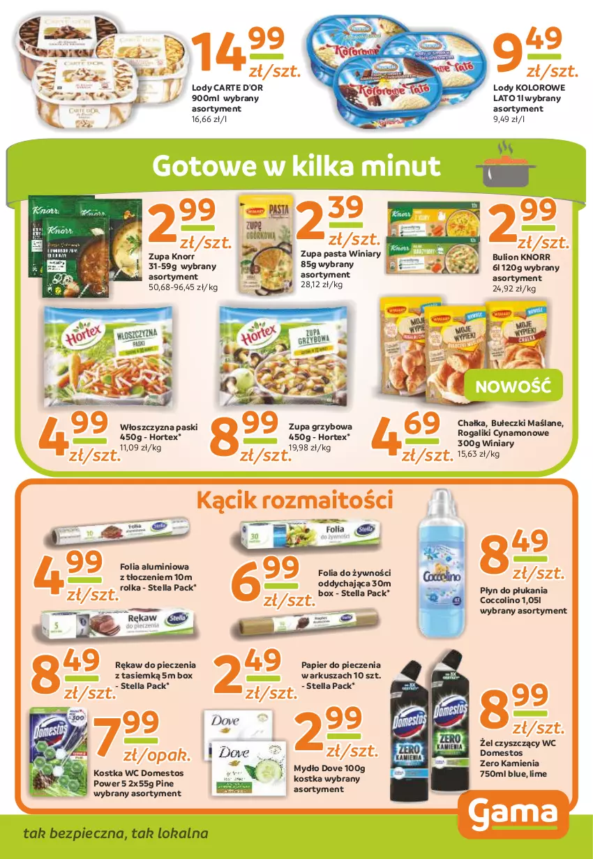 Gazetka promocyjna Gama - Gazetka Gama - ważna 08.12 do 19.12.2021 - strona 9 - produkty: Bułeczki, Bulion, Carte d'Or, Coccolino, Domestos, Dove, Folia aluminiowa, Hortex, Knorr, Lion, Lody, Mydło, Papier, Papier do pieczenia, Piec, Płyn do płukania, Rękaw do pieczenia, Rogal, Winiary, Zupa