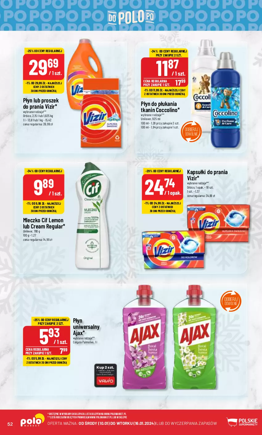 Gazetka promocyjna PoloMarket - Gazetka pomocyjna - ważna 10.01 do 16.01.2024 - strona 52 - produkty: Ajax, BIC, Cif, Coccolino, Colgate, Kapsułki do prania, LG, Mleczko, Palmolive, Płyn do płukania, Proszek do prania, Vizir