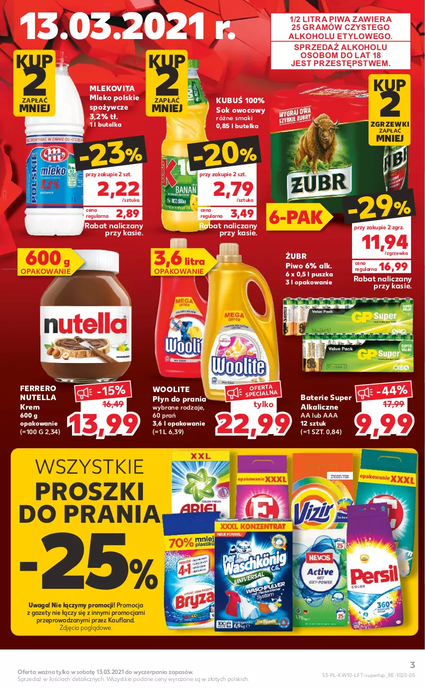 Gazetka promocyjna Kaufland - OFERTA TYGODNIA - ważna 11.03 do 17.03.2021 - strona 3 - produkty: Ferrero, Gra, Kubuś, Mleko, Mlekovita, Nutella, Piwa, Piwo, Płyn do prania, Sok, Waga, Woolite