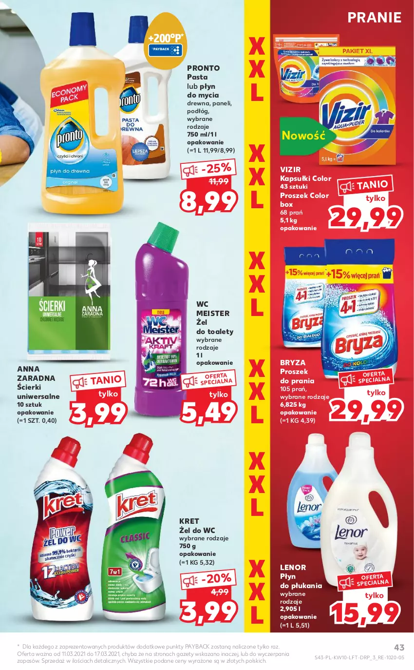 Gazetka promocyjna Kaufland - OFERTA TYGODNIA - ważna 11.03 do 17.03.2021 - strona 43 - produkty: Bryza, Kret, Lenor, Płyn do mycia, Płyn do płukania, Pronto, Proszek do prania, Vizir