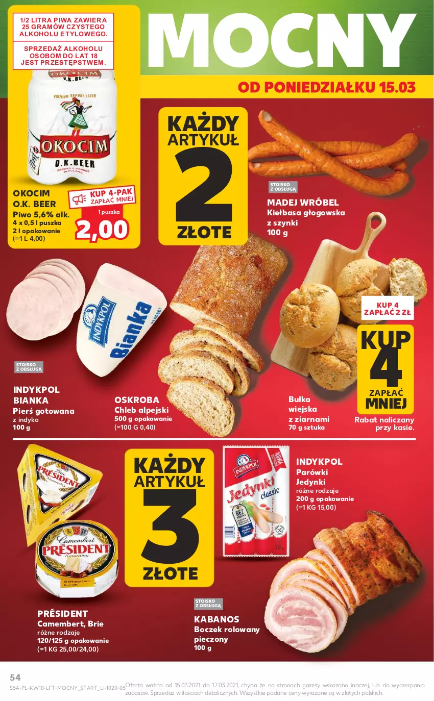 Gazetka promocyjna Kaufland - OFERTA TYGODNIA - ważna 11.03 do 17.03.2021 - strona 54 - produkty: Bianka, Boczek, Brie, Bułka, Camembert, Chleb, Gra, Kabanos, Kiełbasa, Kiełbasa głogowska, Koc, Madej Wróbel, Okocim, Parówki, Piec, Piwa, Piwo, Président