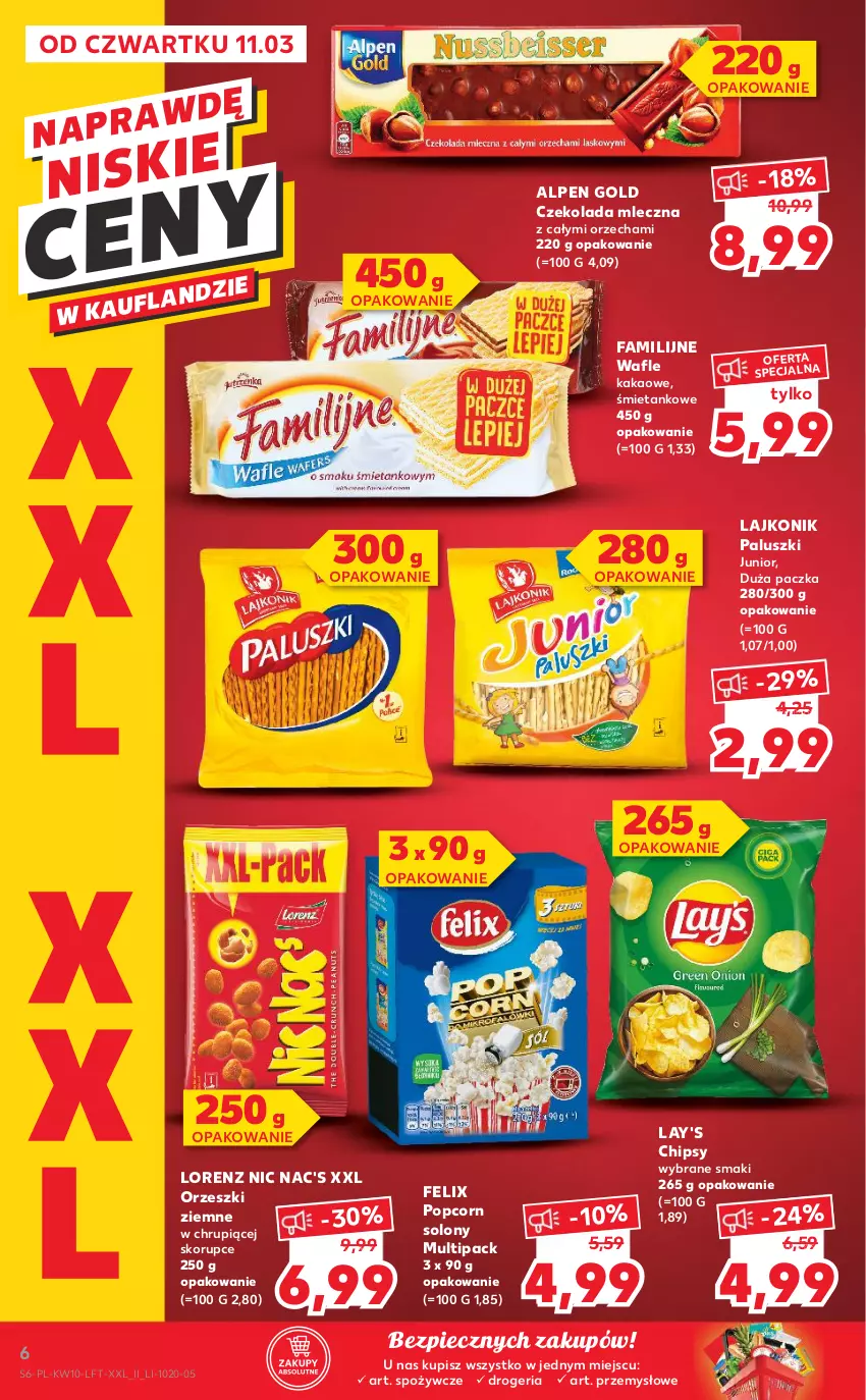 Gazetka promocyjna Kaufland - OFERTA TYGODNIA - ważna 11.03 do 17.03.2021 - strona 6 - produkty: Chipsy, Czekolada, Czekolada mleczna, Fa, Felix, Kakao, Lajkonik, Lorenz, Orzeszki, Piec, Popcorn, Wafle