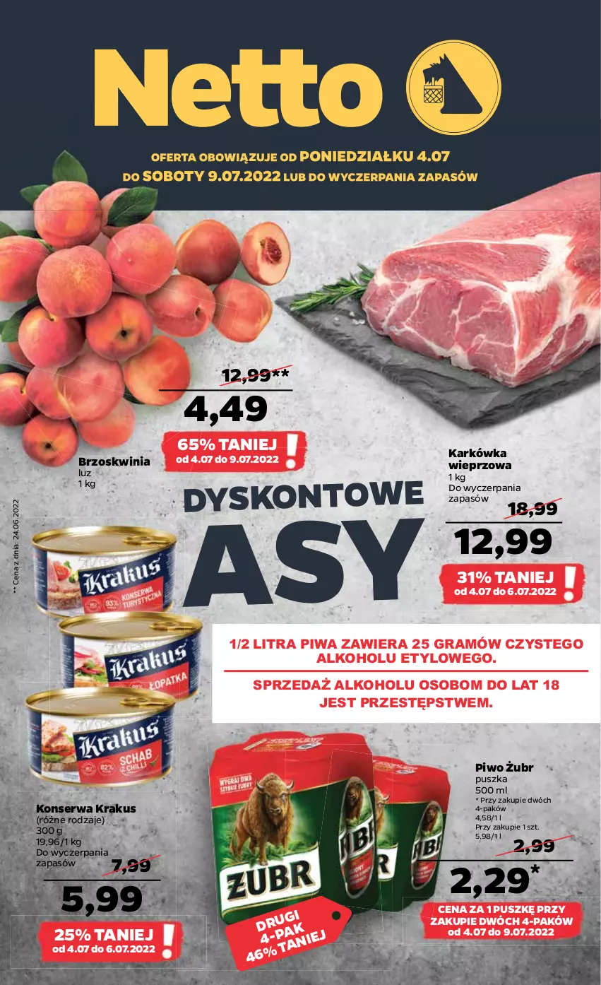 Gazetka promocyjna Netto - Artykuły spożywcze - ważna 04.07 do 09.07.2022 - strona 1 - produkty: Gra, Karkówka wieprzowa, Krakus, Piwa, Piwo, Ser