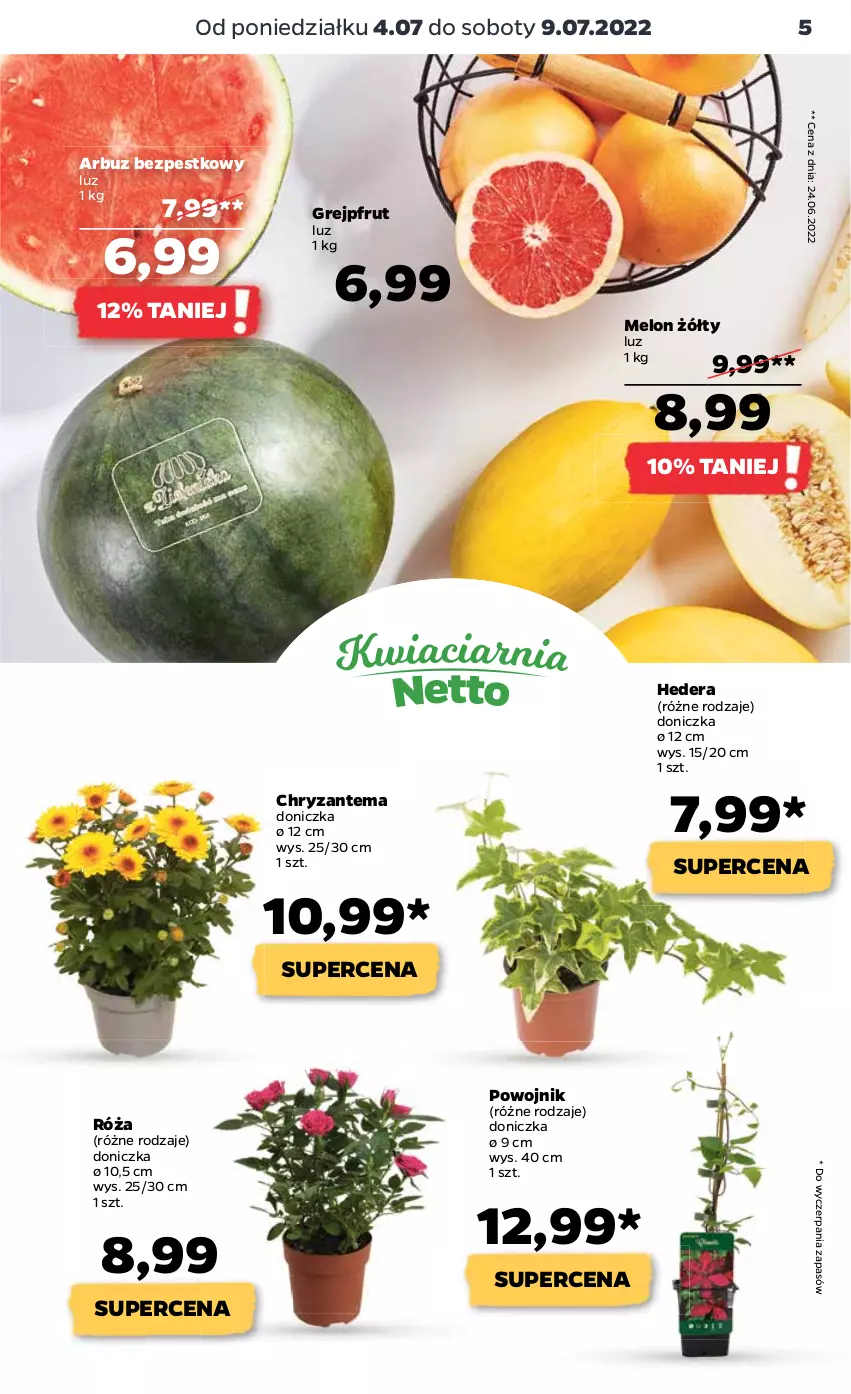 Gazetka promocyjna Netto - Artykuły spożywcze - ważna 04.07 do 09.07.2022 - strona 5 - produkty: Arbuz, Chryzantema, Grejpfrut, Melon, Róża