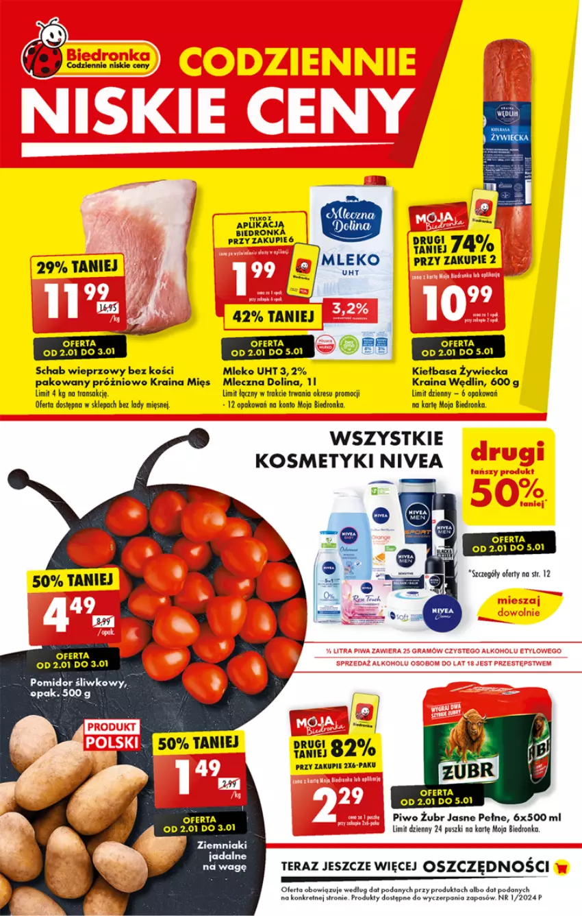 Gazetka promocyjna Biedronka - Od poniedzialku - ważna 08.01 do 13.01.2024 - strona 1 - produkty: Dron, Kiełbasa, Kret, Mleko, Nivea, Piwo, Schab wieprzowy, Tera, Tran, Ziemniaki