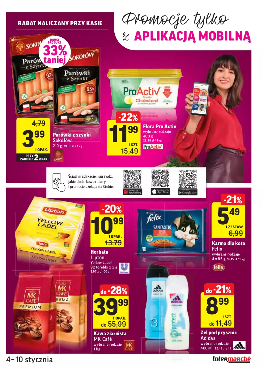 Gazetka promocyjna Intermarche - 4 Stycznia - ważna 04.01 do 10.01.2022 - strona 17 - produkty: Adidas, Felix, Flora, Herbata, Kawa, Kawa ziarnista, Lipton, Mobil, Parówki, Parówki z szynki, Sok, Sokołów