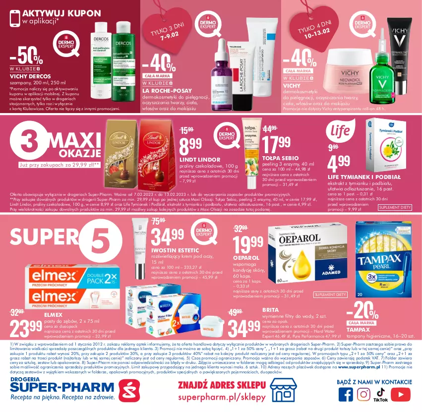 Gazetka promocyjna Super Pharm - Gazetka - ważna 07.02 do 13.02.2023 - strona 12 - produkty: Antyperspirant, Brit, Brita, Dres, Elmex, Gra, Iwostin, Kosmetyki do pielęgnacji, Krem pod oczy, La Roche-Posay, Lindor, Lindt, Makijaż, Mobil, Olej, Pax, Peeling, Praliny, Pur, Suplement diety, Szampon, Tampax, Tampony, Tołpa, Tusz, Vichy