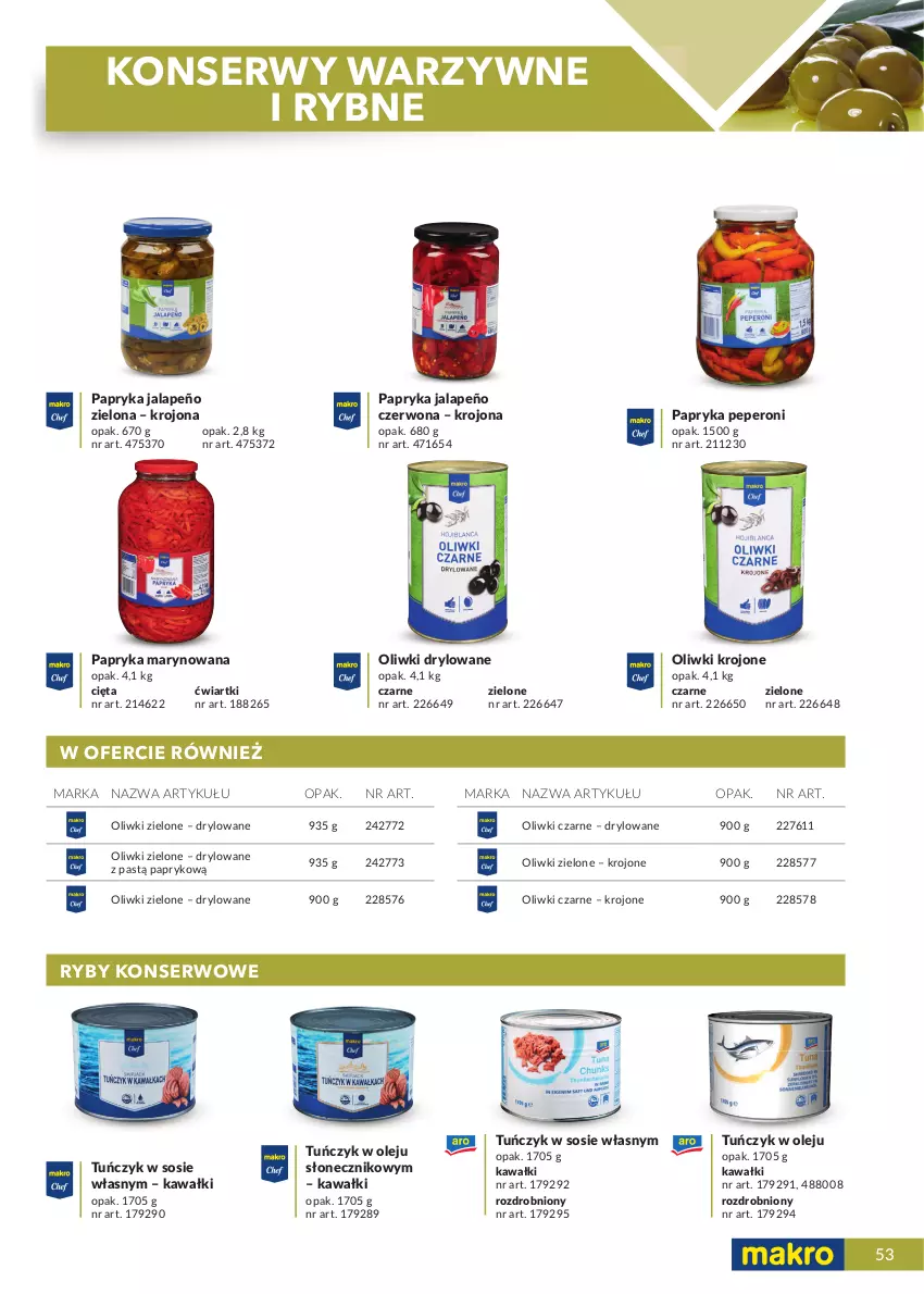 Gazetka promocyjna Makro - [Oferta specjalna] Katalog produktowy 2021 - ważna 01.06 do 31.12.2021 - strona 53 - produkty: Kawa, Olej, Oliwki, Oliwki czarne, Oliwki zielone, Papryka, Papryka jalapeño, Papryka marynowana, Ser, Sos, Tuńczyk