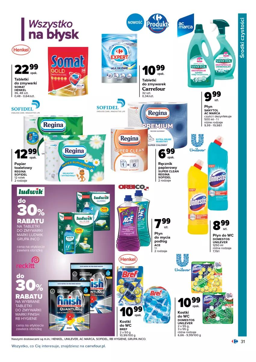 Gazetka promocyjna Carrefour - Gazetka Mieszkaj przytulnie i miło - ważna 18.01 do 30.01.2022 - strona 31 - produkty: Bref, Domestos, Gin, Papier, Płyn do mycia, Płyn do mycia podłóg, Płyn do wc, Ręcznik, Sanytol, Somat, Tablet, Tabletki do zmywarki, Zmywarki