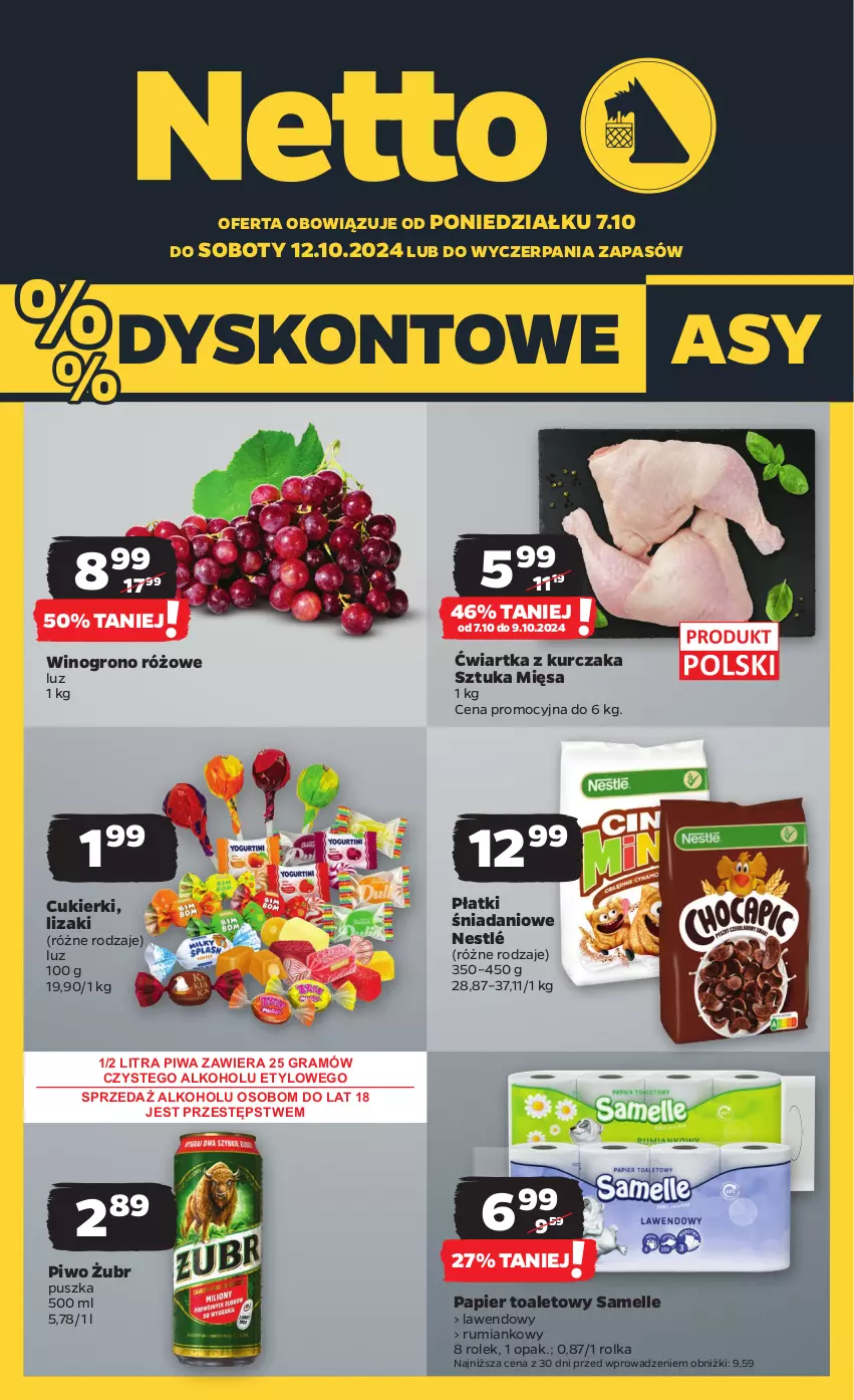 Gazetka promocyjna Netto - Artykuły spożywcze - ważna 07.10 do 12.10.2024 - strona 1 - produkty: Cukier, Cukierki, Danio, Gra, Kurczak, Lizaki, Nestlé, Papier, Papier toaletowy, Piwa, Piwo, Rum, Wino