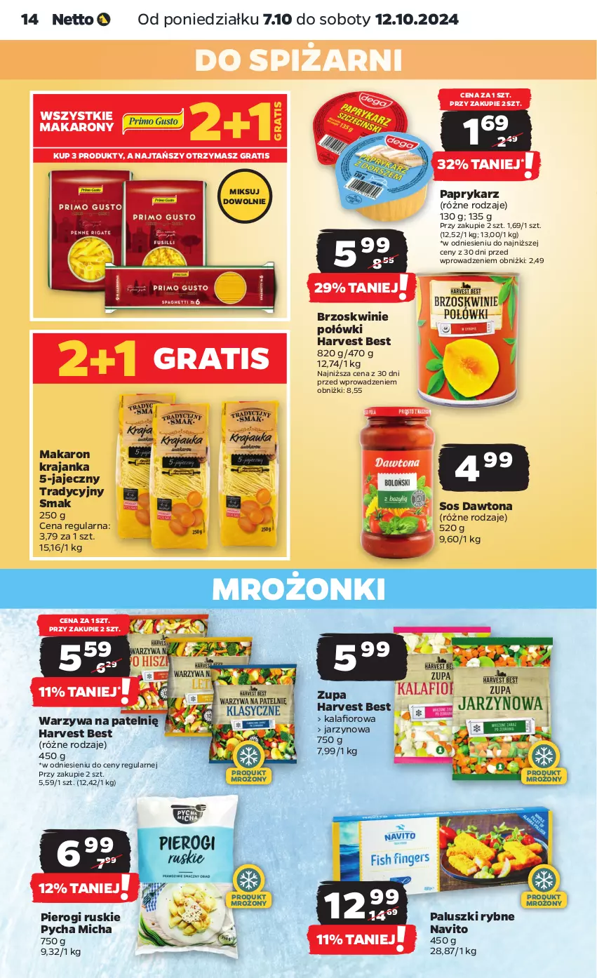 Gazetka promocyjna Netto - Artykuły spożywcze - ważna 07.10 do 12.10.2024 - strona 14 - produkty: Brzoskwinie, Dawtona, Gra, Kalafior, Makaron, Paluszki rybne, Papryka, Paprykarz, Pierogi, Sos, Warzywa, Zupa