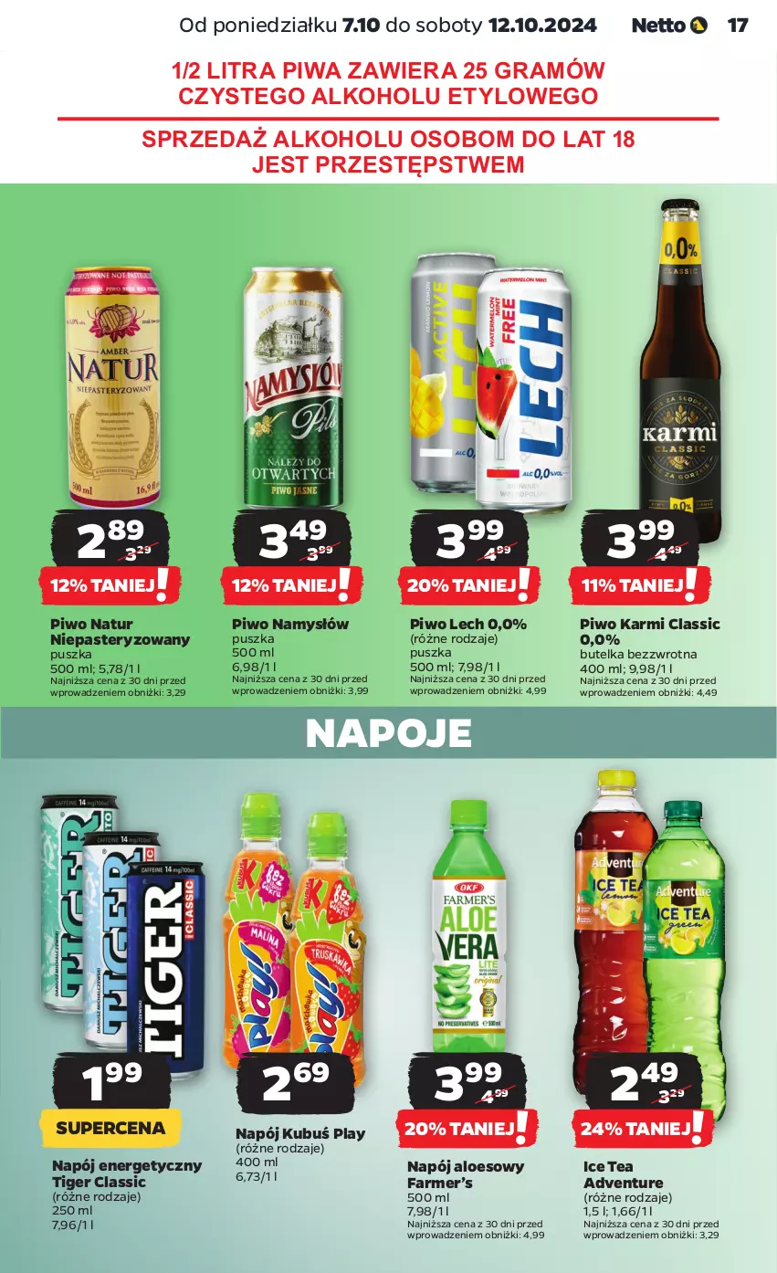 Gazetka promocyjna Netto - Artykuły spożywcze - ważna 07.10 do 12.10.2024 - strona 17 - produkty: Fa, Gra, Ice tea, Karmi, Kubuś, Namysłów, Napój, Napój energetyczny, Napoje, Piwa, Piwo, Tiger