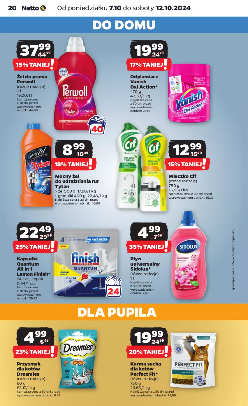 Gazetka promocyjna Netto - Artykuły spożywcze - ważna 07.10 do 12.10.2024 - strona 20 - produkty: Cif, Finish, Gra, Mleczko, Odplamiacz, Perwoll, Sidolux, Tytan, Vanish