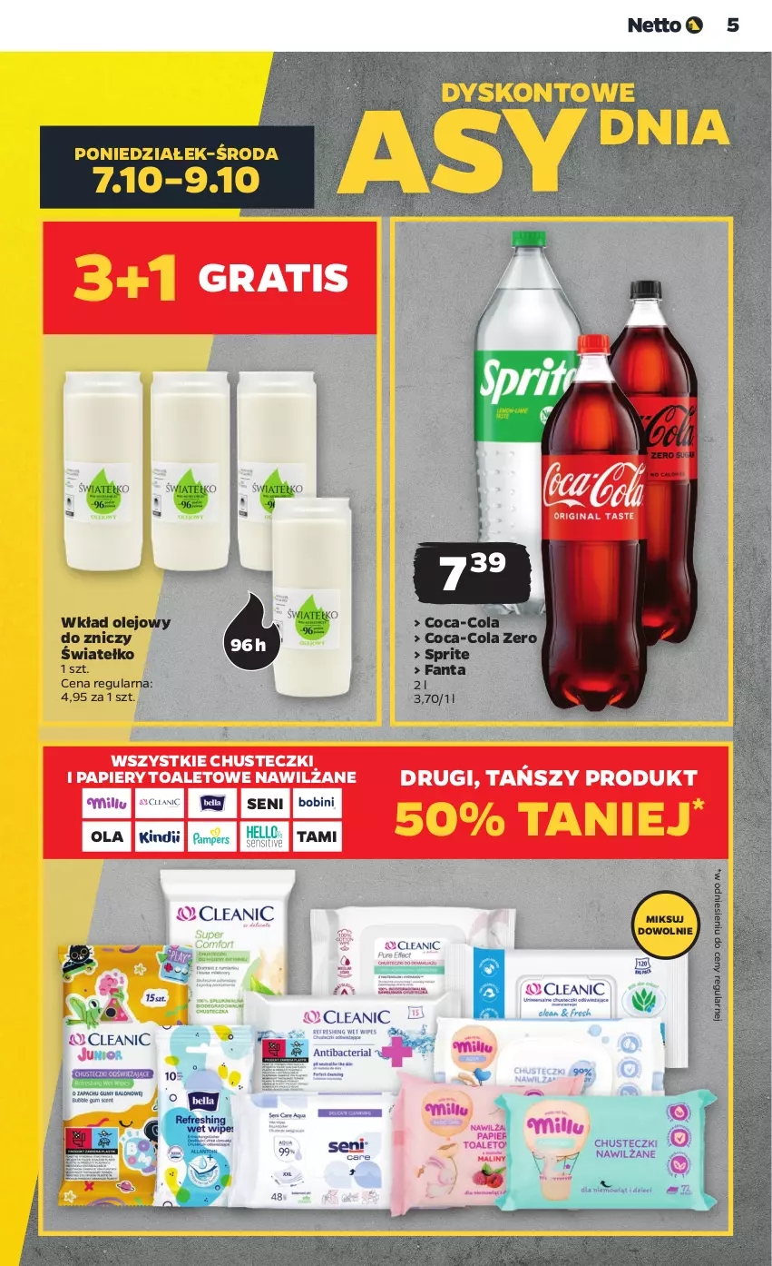 Gazetka promocyjna Netto - Artykuły spożywcze - ważna 07.10 do 12.10.2024 - strona 5 - produkty: Chusteczki, Coca-Cola, Fa, Fanta, Gra, Olej, Papier, Sprite, Wkład olejowy, Znicz