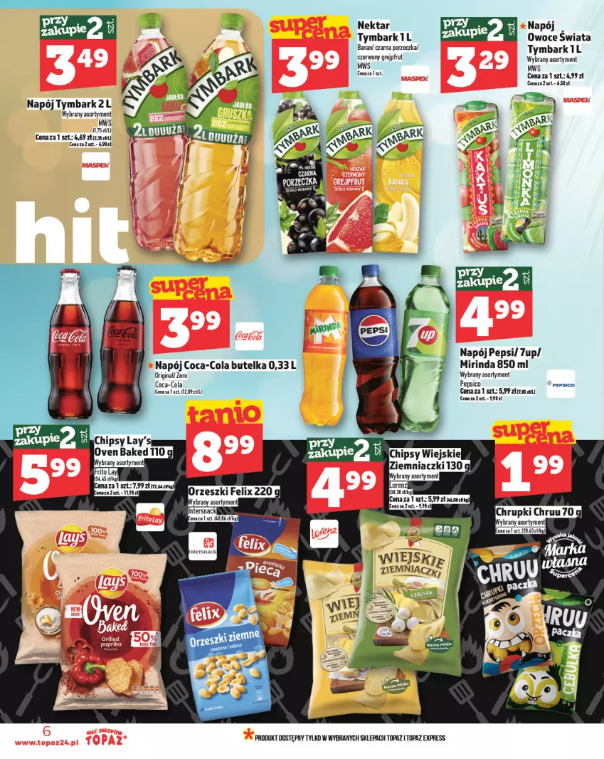 Gazetka promocyjna Topaz - Gazetka - ważna 15.05 do 21.05.2025 - strona 6 - produkty: 7up, Chipsy, Chrupki, Coca-Cola, Felix, Gin, Grejpfrut, Mirinda, Napój, Nektar, Orzeszki, Owoce, Pepsi, Por, Top, Tymbark