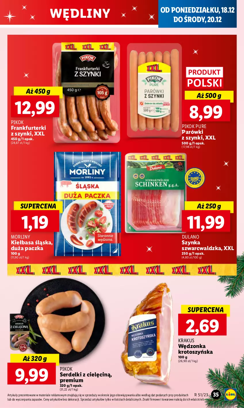 Gazetka promocyjna Lidl - GAZETKA - ważna 18.12 do 20.12.2023 - strona 39 - produkty: Dulano, Frankfurterki, Kiełbasa, Kiełbasa śląska, Krakus, Morliny, Parówki, Parówki z szynki, PIKOK, Pur, Ser, Serdelki, Szynka