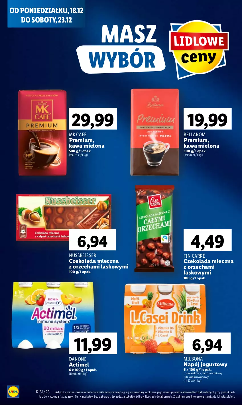 Gazetka promocyjna Lidl - GAZETKA - ważna 18.12 do 20.12.2023 - strona 62 - produkty: Actimel, Bell, Bella, Czekolada, Czekolada mleczna, Danone, Jogurt, Kawa, Kawa mielona, Napój, Napój jogurtowy, Ser