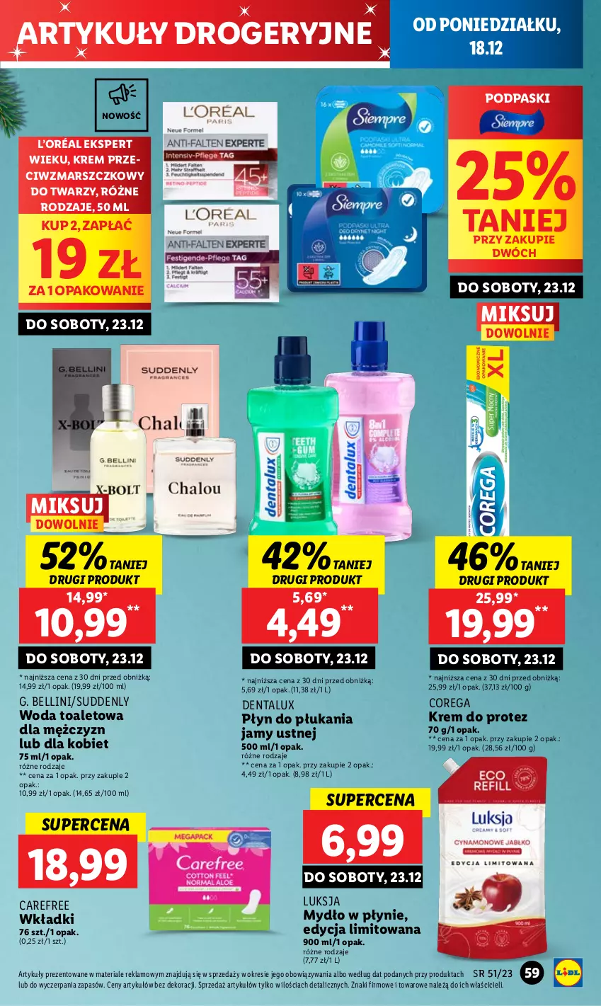 Gazetka promocyjna Lidl - GAZETKA - ważna 18.12 do 20.12.2023 - strona 67 - produkty: Bell, Carefree, Corega, Krem przeciwzmarszczkowy, L’Oréal, Luksja, Mars, Mydło, Mydło w płynie, Płyn do płukania, Płyn do płukania jamy ustnej, Podpaski, Wkładki, Woda, Woda toaletowa