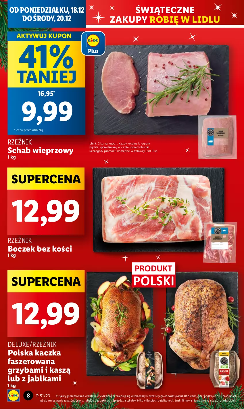 Gazetka promocyjna Lidl - GAZETKA - ważna 18.12 do 20.12.2023 - strona 8 - produkty: Boczek, Boczek bez kości, Fa, Gra, Jabłka, Kaczka, Kaczka faszerowana, Olej, Schab wieprzowy