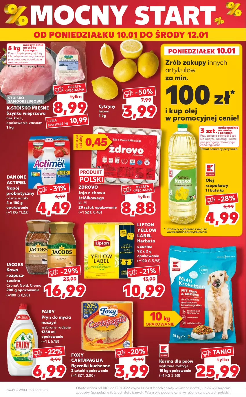 Gazetka promocyjna Kaufland - OFERTA TYGODNIA - ważna 05.01 do 12.01.2022 - strona 54 - produkty: Actimel, Cytryny, Danone, Do mycia naczyń, Fa, Fairy, Foxy, Herbata, Herbata czarna, Jacobs, Jaja, Kawa, Kawa rozpuszczalna, Lipton, Napój, Olej, Olej rzepakowy, Płyn do mycia, Płyn do mycia naczyń, Ręcznik, Szynka, Szynka wieprzowa