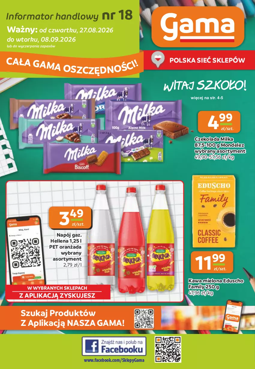 Gazetka promocyjna Gama - Gazetka Gama - ważna 27.08 do 08.09.2026 - strona 1 - produkty: Czekolada, Fa, Hellena, Kawa, Kawa mielona, Milka, Napój, Oranżada