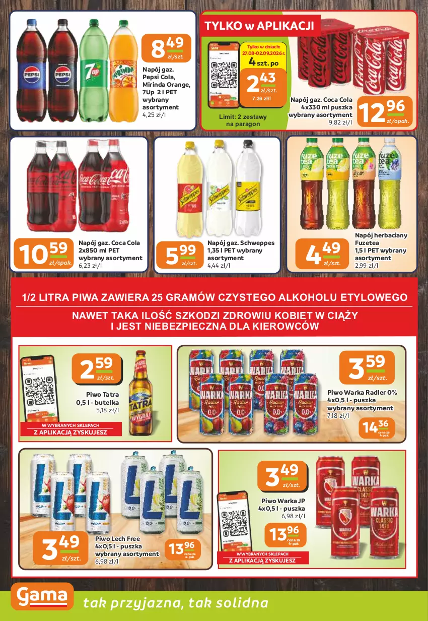 Gazetka promocyjna Gama - Gazetka Gama - ważna 27.08 do 08.09.2026 - strona 10 - produkty: 7up, Gra, Mirinda, Napój, Pepsi, Piec, Piwa, Piwo, Radler, Schweppes, Tatra, Warka
