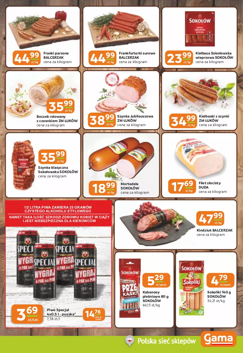 Gazetka promocyjna Gama - Gazetka Gama - ważna 27.08 do 08.09.2026 - strona 3 - produkty: Boczek, Duda, Filet Złocisty, Frankfurterki, Gra, Kabanos, Kiełbasa, Kindziuk, Piec, Piwa, Piwo, Sok, Sokołów, Szynka
