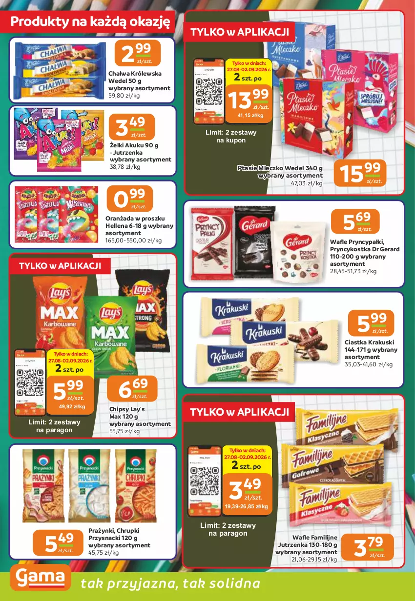 Gazetka promocyjna Gama - Gazetka Gama - ważna 27.08 do 08.09.2026 - strona 4 - produkty: Chałwa, Chipsy, Chrupki, Ciastka, Dr Gerard, Fa, Hellena, Jutrzenka, Krakus, Krakuski, Mleczko, Oranżada, Przysnacki, Ptasie mleczko