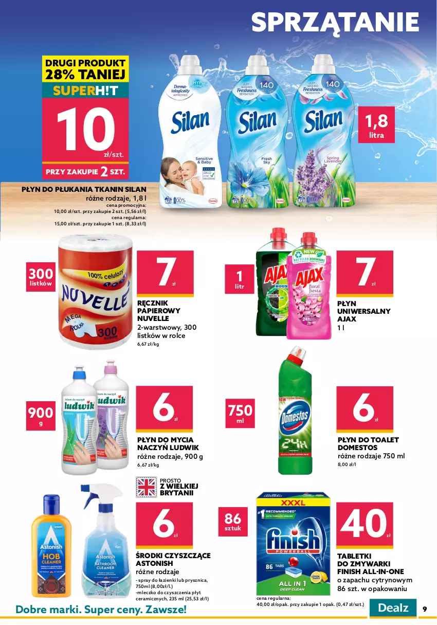 Gazetka promocyjna Dealz - WIELKIE OTWARCIE 17.08.2022 🥳Skarżysko-Kamienna, Vendo Park - ważna 17.08 do 31.08.2022 - strona 9 - produkty: Ajax, Aquafresh, Chusteczki, Do mycia naczyń, Domestos, Dove, Finish, Kostka myjąca, Ludwik, Mleczko, Mydło, Mydło w płynie, Nivea, Odżywka, Olej, Palmolive, Papier, Pasta do zębów, Płyn do mycia, Płyn do mycia naczyń, Płyn do płukania, Ręcznik, Silan, Sprzątanie, Szampon, Tablet, Tabletki do zmywarki, Zmywarki