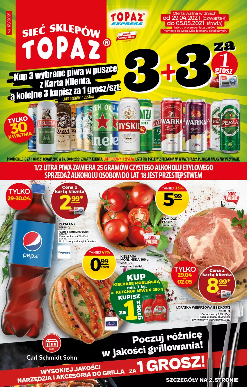 Gazetka promocyjna Topaz - Gazetka - ważna 29.04 do 05.05.2021 - strona 1 - produkty: Ketchup, Kiełbasa, Morliny, Pepsi, Por, Top